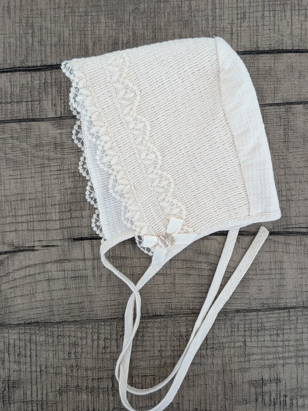 Pax Rodriguez Ivory Baby Bonnet with Lace Trim